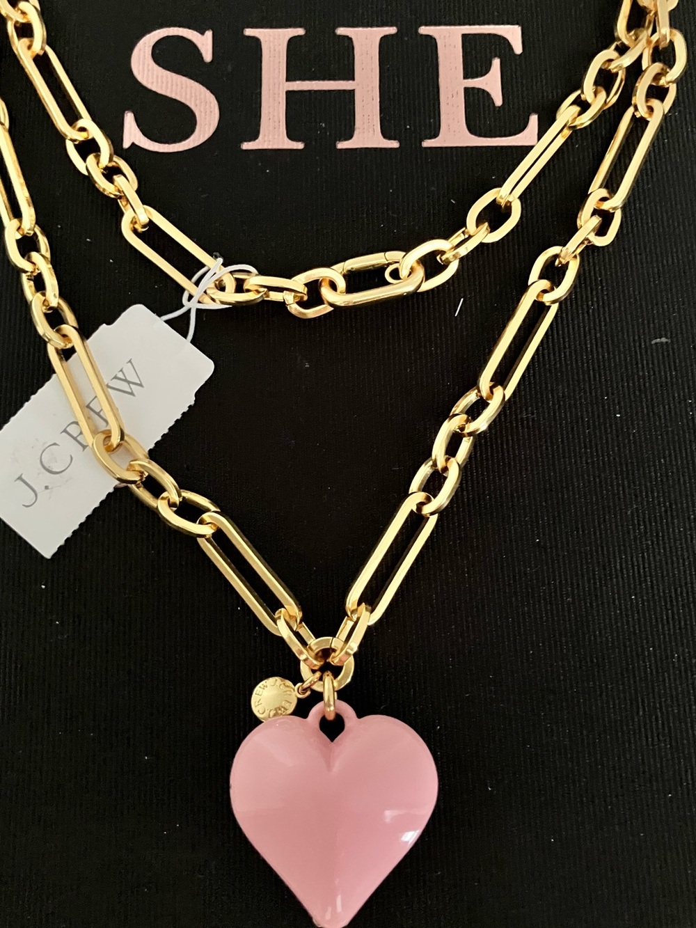 NWT J Crew Pink Enamel Heart Gold Tone Chain Link Statement Necklace - Picture 3 of 5
